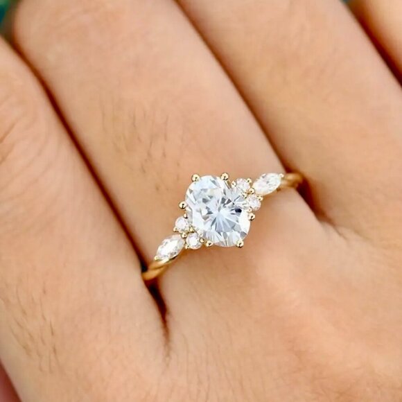 14K Gold Plated Oval Ring Crystal Engagement Promise Wedding Bridal Dainty - Picture 3 of 3